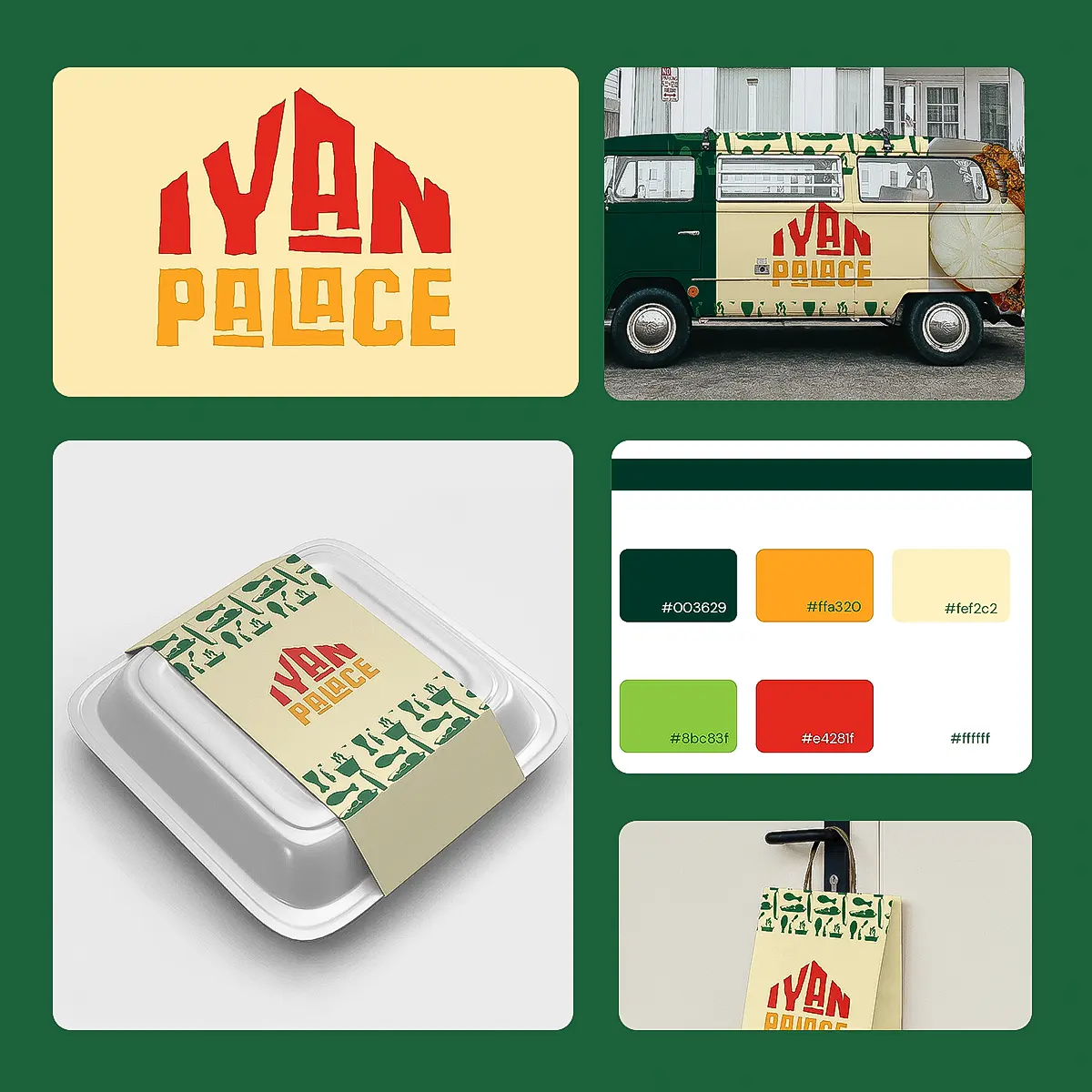 Iyan Palace brand system with logo, van wrap, packaging and colour palette